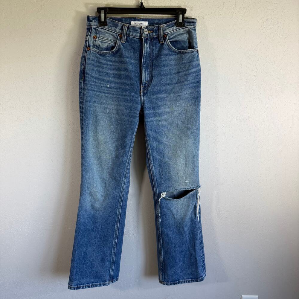 Re/Done High Rise Straight Leg Jeans Womens 25 Mid Wash Blue Denim Distress Knee